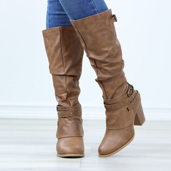 Motorcycle Heeled Boots For Rocker Biker Girls Below The Knee Tan Faux Leather - Picture 10 of 15